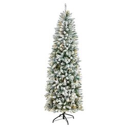 7' Slim Flocked Montreal Fir Artificial Christmas Tree with 300 Warm White LED Lights and 995 Bendable Branches