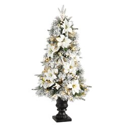 4' Flocked Artificial Christmas Tree with 223 Bendable Branches and 100 Warm Lights in Decorative Urn