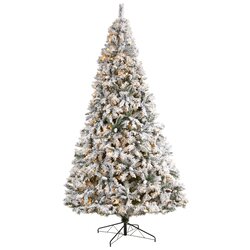 10' Flocked White River Mountain Pine Artificial Christmas Tree with Pinecones and 800 Clear LED ...