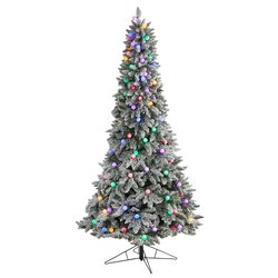 8.5' Flocked British Columbia Mountain Fir Artificial Christmas Tree with 120 Multi Color Globe Bulbs and 1513 Bendable Branches
