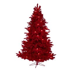 7' Red Flocked Fraser Fir  Christmas Tree With 500 Red Lights, 40 Globe Bulbs And 1039 Bendable B...