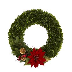 18” Tea Leaf, Poinsettia And Pine Artificial Wreath