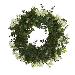 18" Eucalyptus and Dancing Daisy Double Ring Artificial Wreath with Twig Base