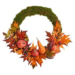 20" Autumn Pumpkin, Gourd and Fall Maple Leaf Artificial Wreath