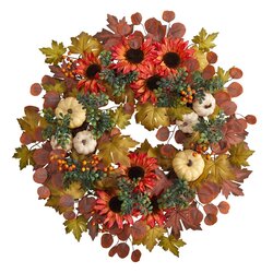 30" Fall Acorn, Sunflower, Berries and Autumn Foliage Artificial Wreath