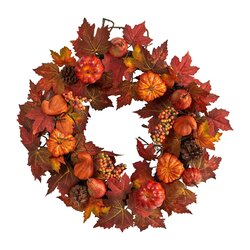 24" Autumn Maple Leaves, Pumpkin, Pinecone and Berries Artificial Fall Wreath