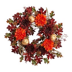 24" Fall Dahlia, Golden Apple, Oak Leaf and Berries Autumn Artificial Wreath