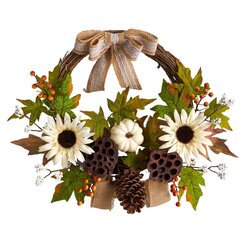 20" Autumn Sunflower, White Pumpkin and Dried Lotus Pod Artificial Fall Wreath with Decorative Bow