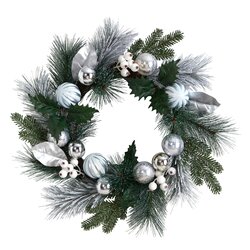 24" Pinecones and Berries Christmas Artificial Wreath with Silver Ornaments