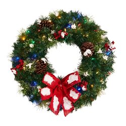 24" Snow Tipped Berry and Pinecone Artificial Wreath with Bow and 50 Multi-Colored LED Lights