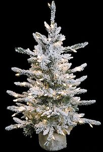 Heavy Flocked Long Needle Mini Christmas Tree - 100 Clear Lights - Burlap Base