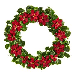 21” Poinsettia And Variegated Holly Artificial Christmas Wreath