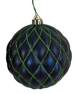 Matte Navy Blue Diamond Pattern Ball Ornaments with Green Glitter. Plastic Material - Non-Shatterproof. Available in  6 inches Size.