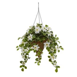 36 inches  Poinsettia And Variegated Holly Artificial Plant In Hanging Cone Basket (Real Touch)