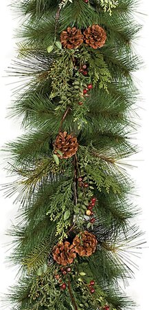 6 feet Sugar Pine Garland - Red Crab Apples and Pine Cones - 57 Green Tips