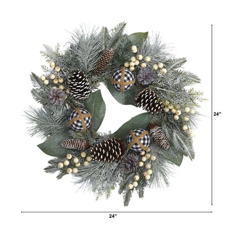 24" Snow Tipped Holiday Artificial Wreath with Berries, Pine Cones and Ornaments