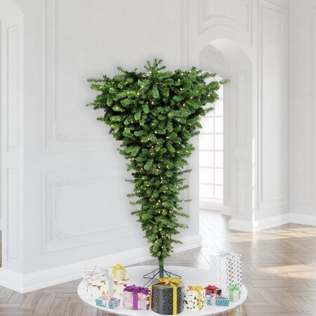 7.5 feet x 60 inches Green Upside Down Artificial Christmas Tree featuring 1293 PVC Tips and 500 ...