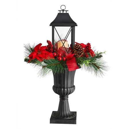 33" Holiday Christmas Berries and Poinsettia with Large Lantern and Included LED Candle Set in a ...