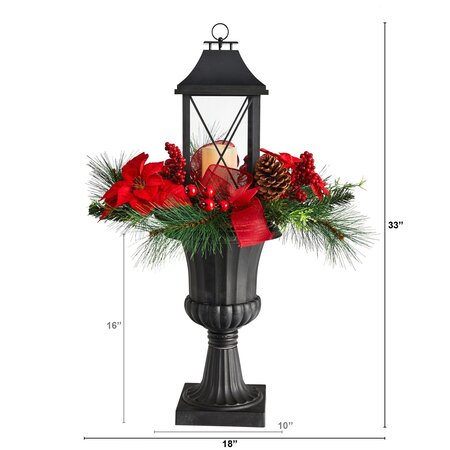 33" Holiday Christmas Berries and Poinsettia with Large Lantern and Included LED Candle Set in a Decorative Urn Porch Decor