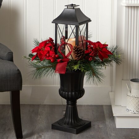 33" Holiday Christmas Berries and Poinsettia with Large Lantern and Included LED Candle Set in a ...