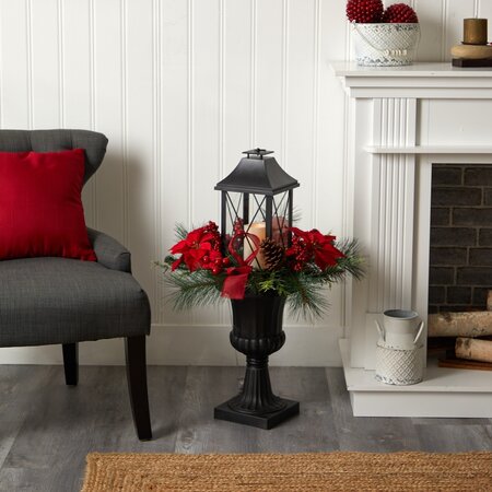33" Holiday Christmas Berries and Poinsettia with Large Lantern and Included LED Candle Set in a ...