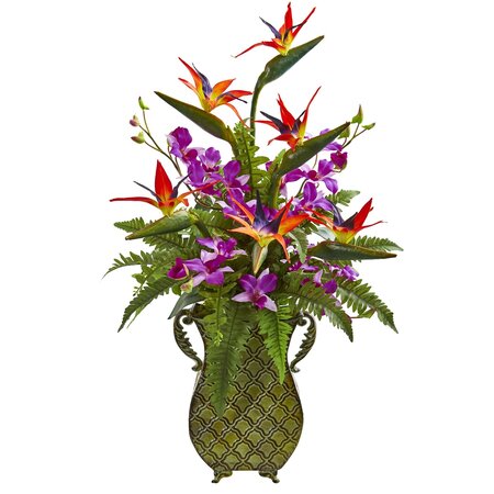 32 inches 23 inches 20 inches  Bird of Paradise, Orchid and Fern Artificial Arrangement in Metal ...