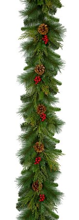 6 Foot X 12 Inch Mixed Pine Garland With Pine Cones And Red Berries