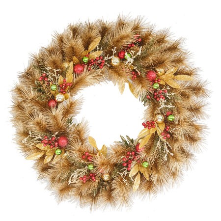 Gold Longleaf Pine Wreath w/Red Berries & Christmas Balls