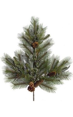 28 inches PVC Long Needle Pine Spray - Bay Leaves/Juniper Berries/Incense Cedar - 6 Pine Cones - Green/Blue Tips