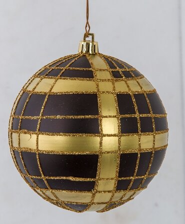 Earthflora's Matte Black And Gold Plaid Ball With Glitter - 4 Inch Or 6 Inch Sizes Pattern