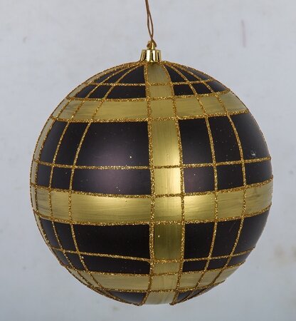 Earthflora's Matte Black And Gold Plaid Ball With Glitter - 4 Inch Or 6 Inch Sizes Pattern