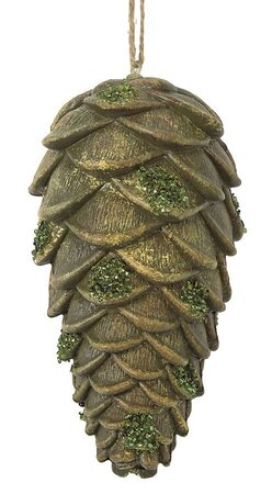 Earthflora's 7 Inch Antique Pine Cone Ornament With Green Glitter