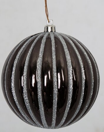 4 Inch And 6 Inch Gloss Black Shiny Ball Ornament With Silver Glitter Lines