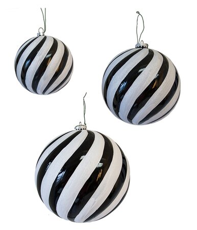 Shiny Black / White Glittered Spiral Ball Ornament | 4 Inch, 6 Inch Or 8 Inches