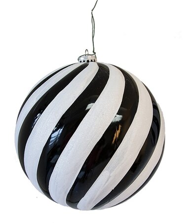 Shiny Black / White Glittered Spiral Ball Ornament | 4 Inch, 6 Inch Or 8 Inches