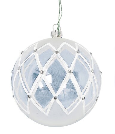 4 INCH FROSTED WHITE/GLITTERED DIAMOND PATTERN CLEAR BALL ORNAMENT WITH GEMS