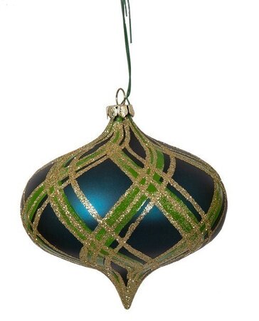 MATTE NAVY PLAID GOLD/GREEN BALL, OVAL, OR ONION ORNAMENTS | 4 inches BALL, 6.5 inches OVAL FINAL, OR 4 inches ONION