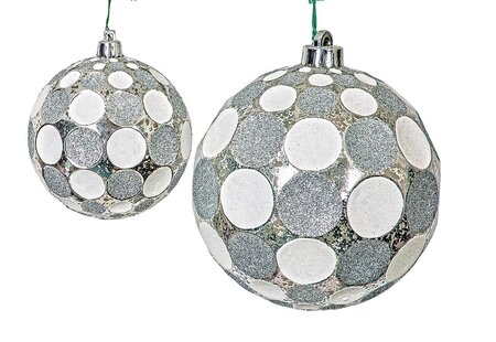 SILVER MERCURY FINISH GLITTERED SILVER/WHITE POLKA DOT BALL ORNAMENT | 4 INCH AND 6 INCH