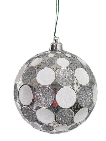 SILVER MERCURY FINISH GLITTERED SILVER/WHITE POLKA DOT BALL ORNAMENT | 4 INCH AND 6 INCH