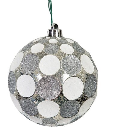 SILVER MERCURY FINISH GLITTERED SILVER/WHITE POLKA DOT BALL ORNAMENT | 4 INCH AND 6 INCH