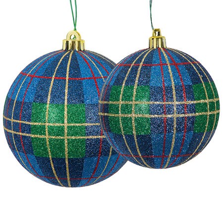 Glittered Blue Plaid Ball Ornament with Green/Red/Gold | 4 Inch or 6 Inch