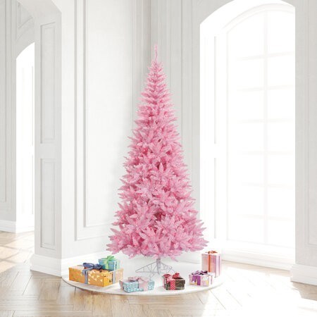 7.5 feet Pink Fir Slim Artificial Christmas Tree featuring 1238 PVC tips and 500 Pink Dura-lit LED Italian Style lights on Pink wire