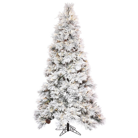 12 feet x 72 inches Flocked Mountain Atka Artificial Christmas Tree with 2500 PVC/Hard Needle tips, frosty pinecones, and 2550 Warm White Wide Angle 3mm Low Voltage LED lights.