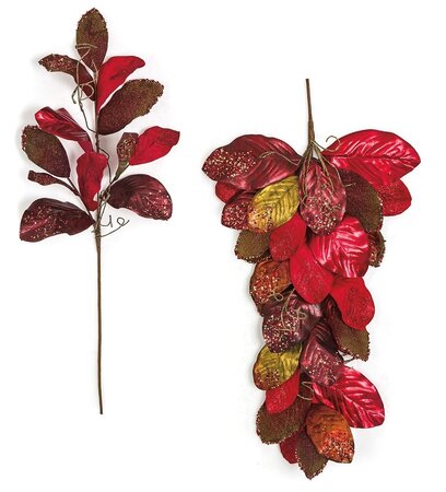 36 Inch Metallic/Glittered Red Magnolia Spray Or Swag With Twigs