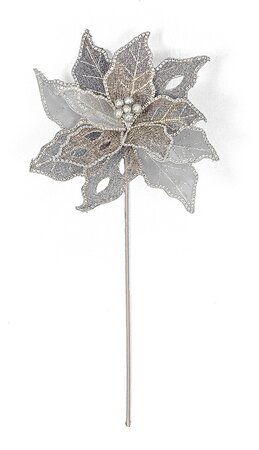 22 Inch Polyester Silver Beaded Poinsettia Spray