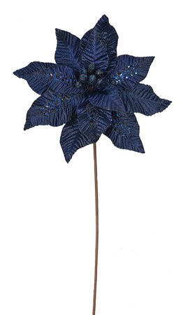 22 Inch Velvet Glittered/Beaded Navy Poinsettia Stem