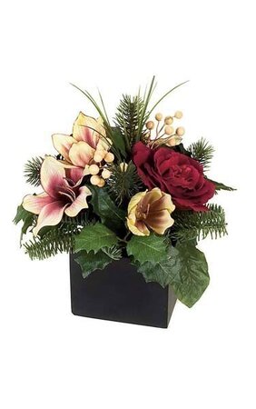 12 inches x 12 inches Potted Mixed Floral - Silk/Plastic Amaryllis/Rose/Pine - Black Pot