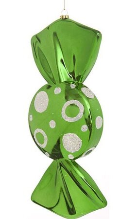 12 inches x 5 inches Plastic Shiny Round Candy Ornament - Green with White Glitter