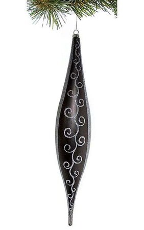 13 inches x 2.5 inches Glittered Flower Finial Ornament - Matte Black/Silver Glitter
