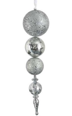 16 inches Glittered Tripl Ball Finial Ornament - Silver